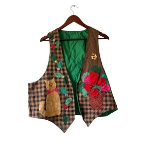 Vintage handmade Gingham Vest Brown 3D Floral Cat Cottagecore Novelty 2x